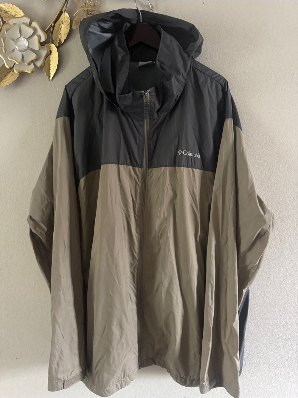 Columbia Two-Tone Hooded Rain Jacket in Taupe and Black